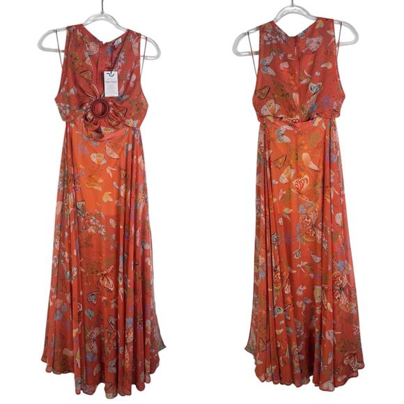 NWT My Beachy Side Begonia Flowy Cut-Out Floral Orange Maxi Dress Ring Small S - Picture 3 of 16